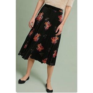 Anthropologie Black Pleated Midi Skirt with Floral Print